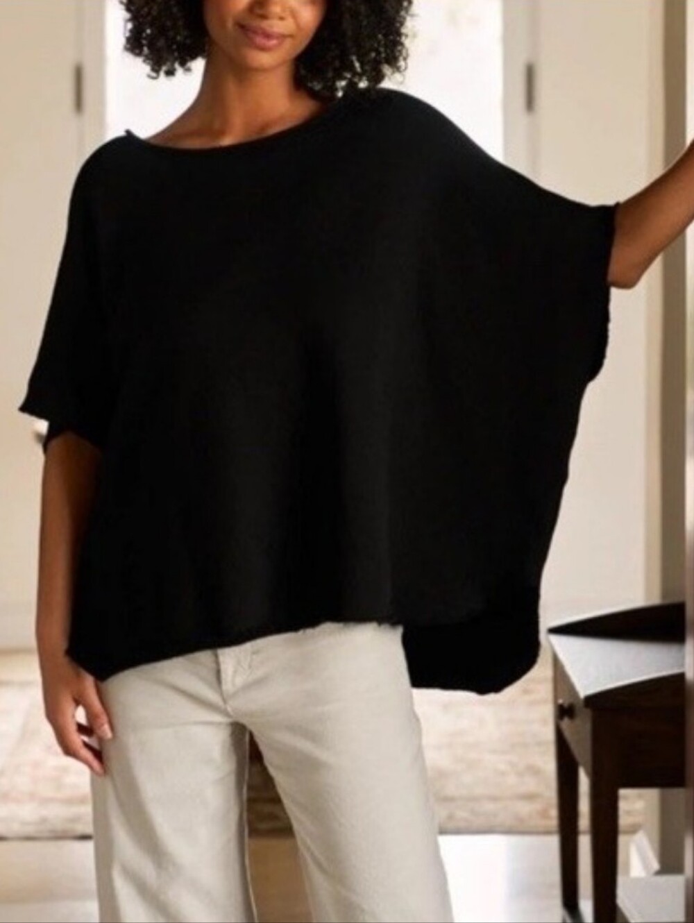 Frank & Eileen Olive Original Capelet Black Raw Hem Poncho Top Minimalist OS